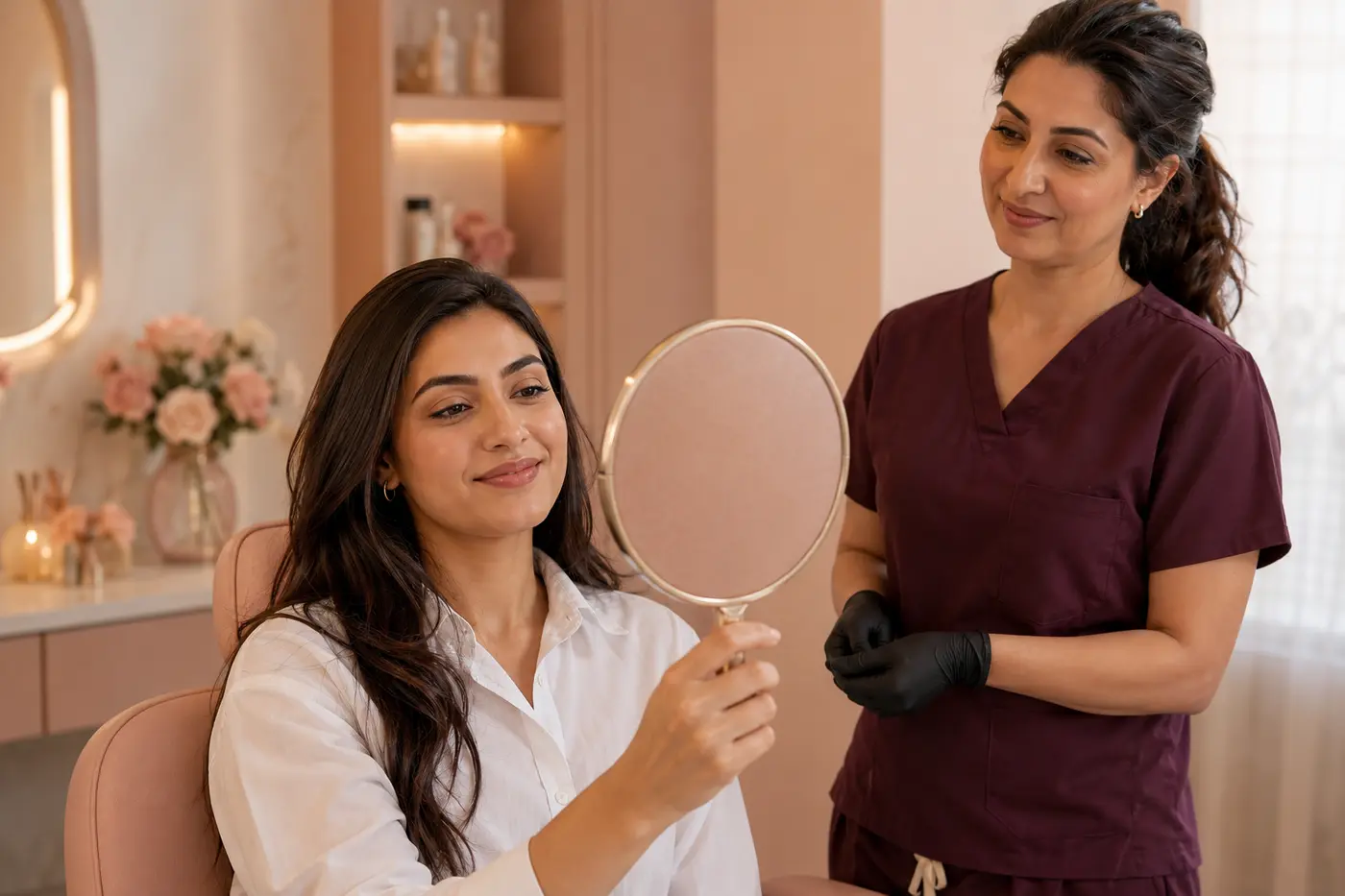 Editorial image of a client viewing her finished brows