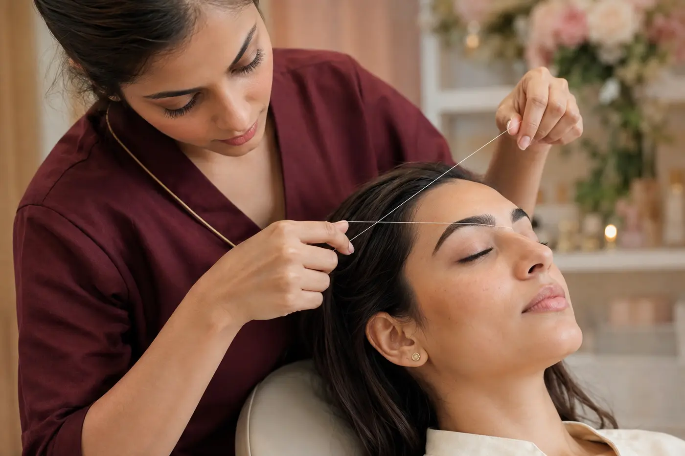 Editorial close-up of eyebrow threading