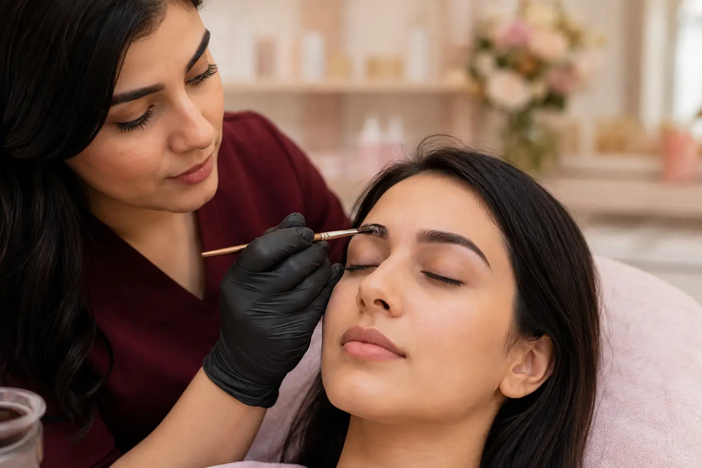 Editorial close-up of eyebrow tint application