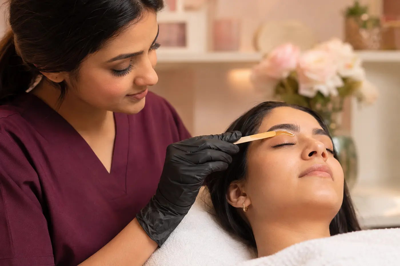 Editorial close-up of eyebrow waxing