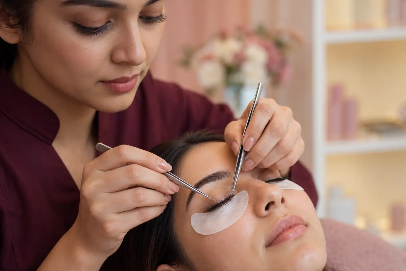 Editorial close-up of individual lash application