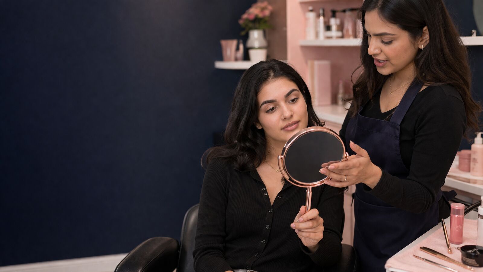 Beauty professional helping a client choose a brow service in a Myra Beauty salon.