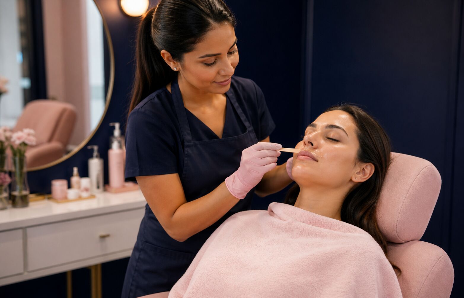 Beauty professional applying facial wax to a client's upper lip in a Myra Beauty salon.