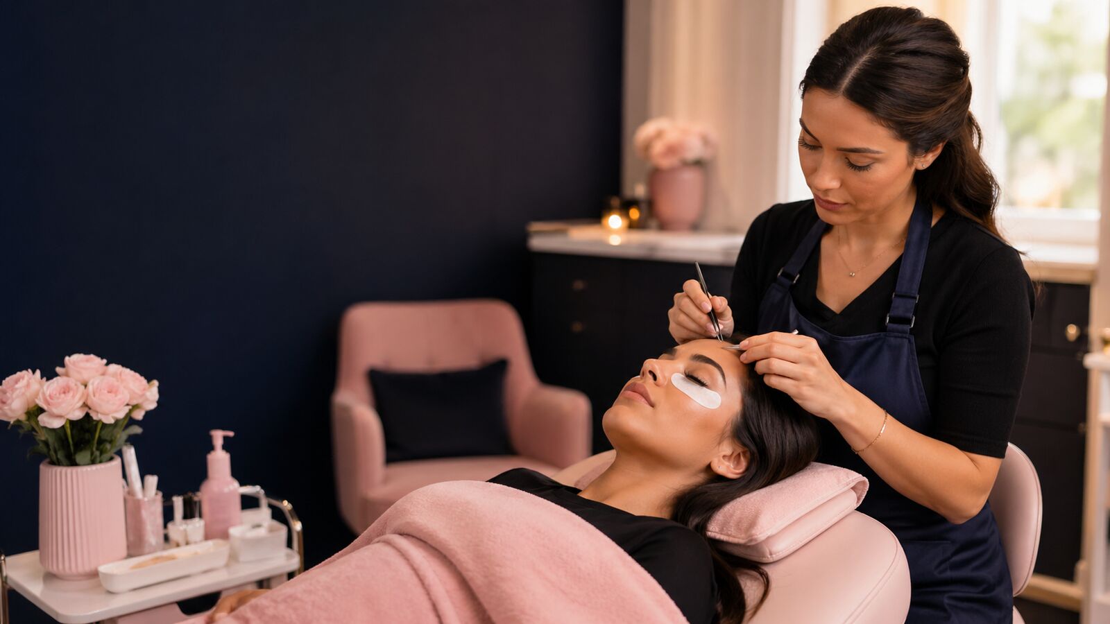Lash technician applying lash extensions to a client in a Myra Beauty salon.